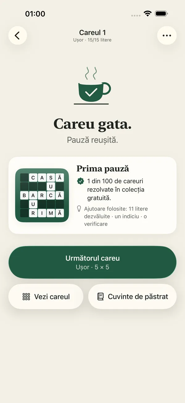 Ecranul de final „Careu gata. Pauză reușită.” cu ceașca de cafea și rezumatul careului „Prima pauză”.