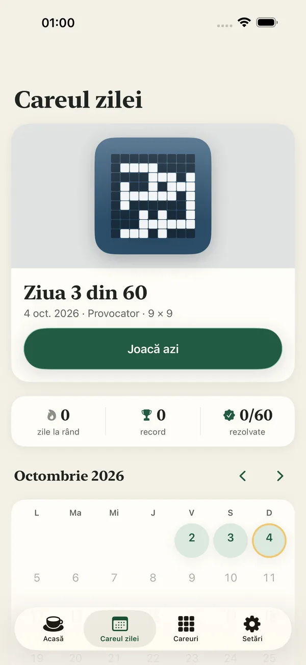 Ecranul „Careul zilei”: Ziua 3 din 60, provocare 9&nbsp;×&nbsp;9, seria zilnică și calendarul lunii octombrie.